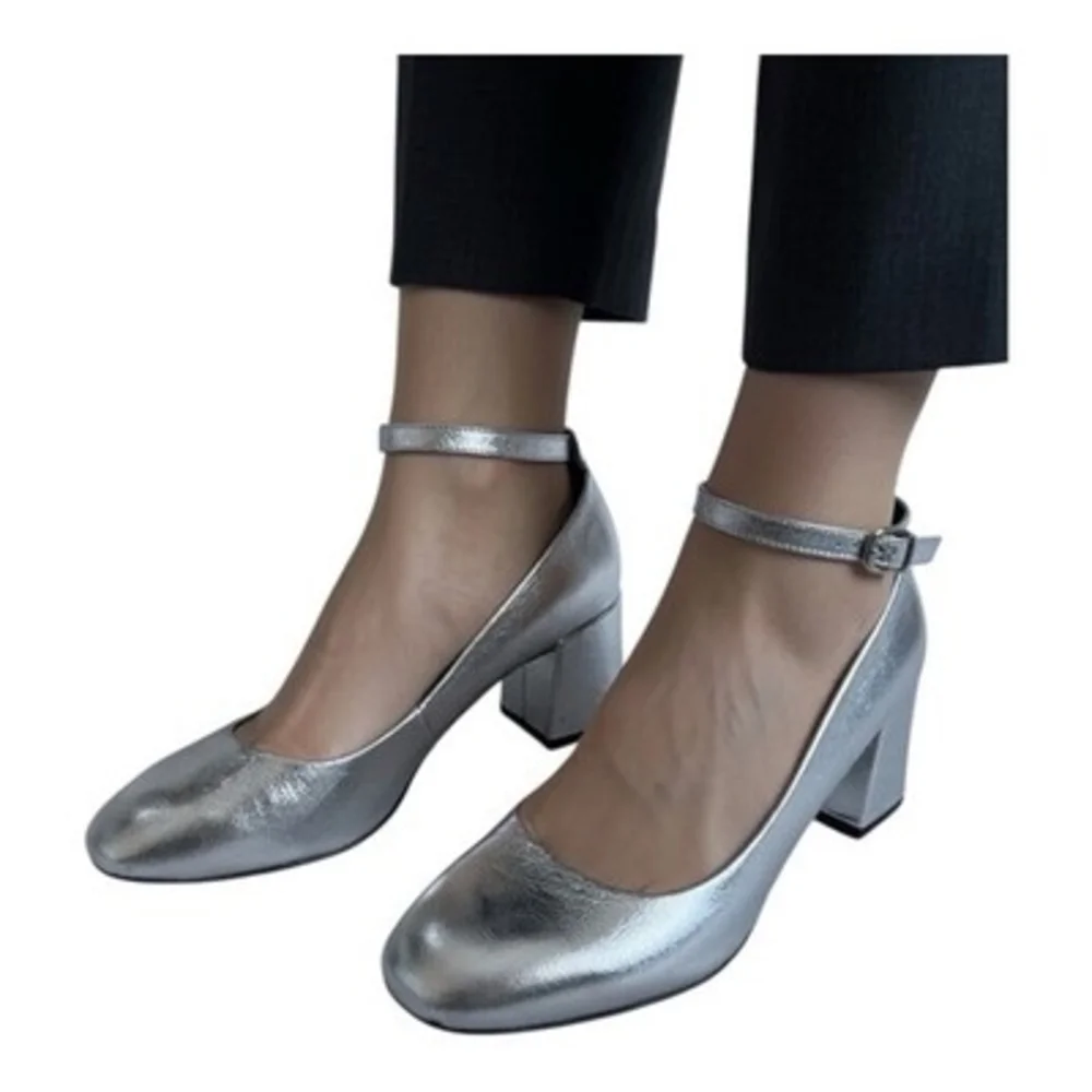 Rebecca Minkoff Metallic Silver Leather Ankle Strap Pumps Women's Shoes 8M Good